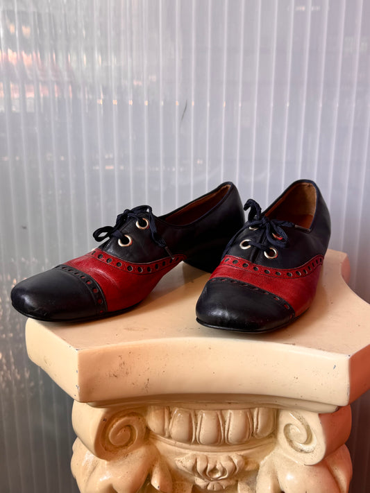 1960s / 1970s Navy Blue & Red Oxford Block Heels