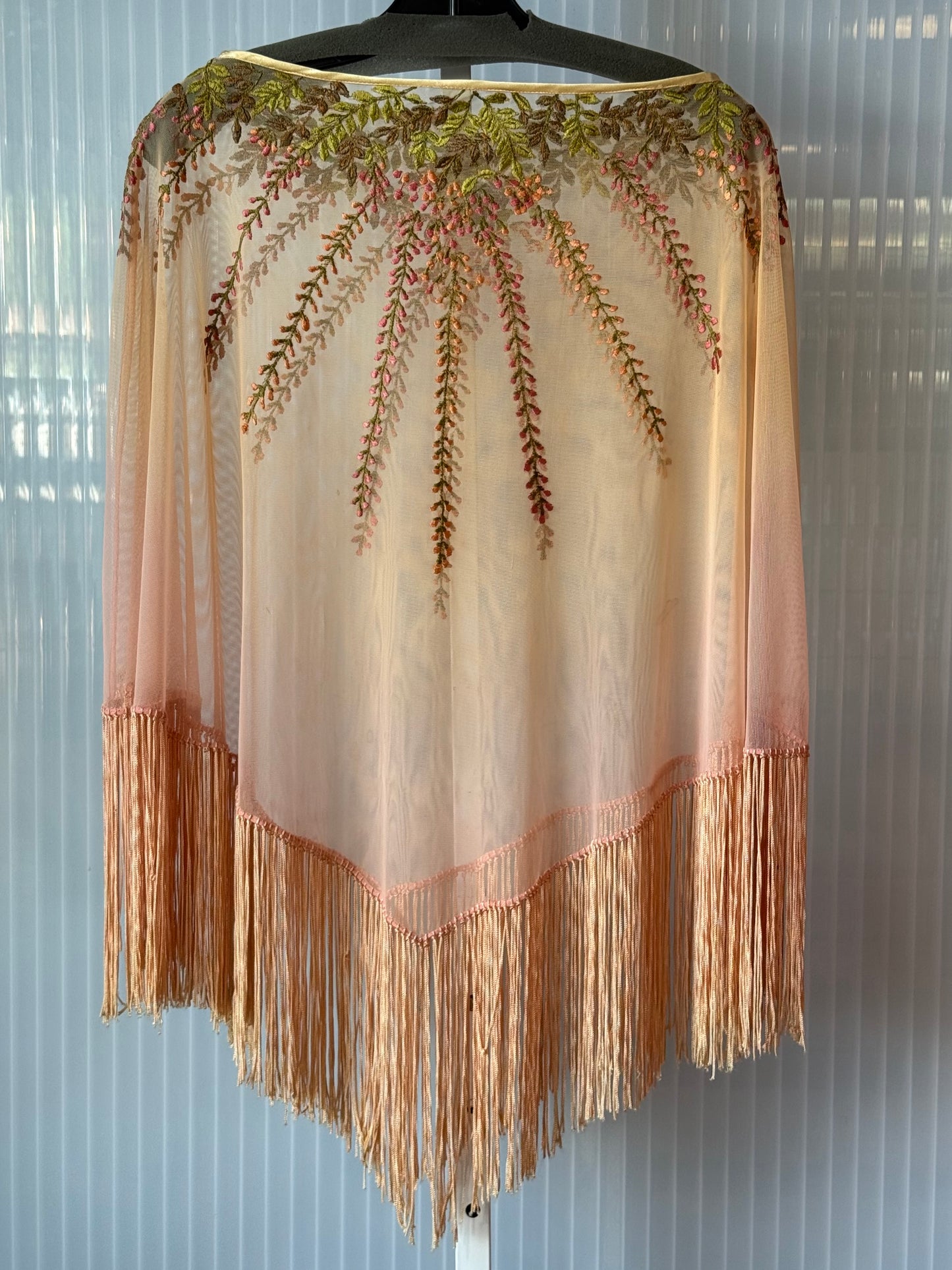 1960s Peachy Pink Sheer Fringe Poncho w/ Floral Embroidery