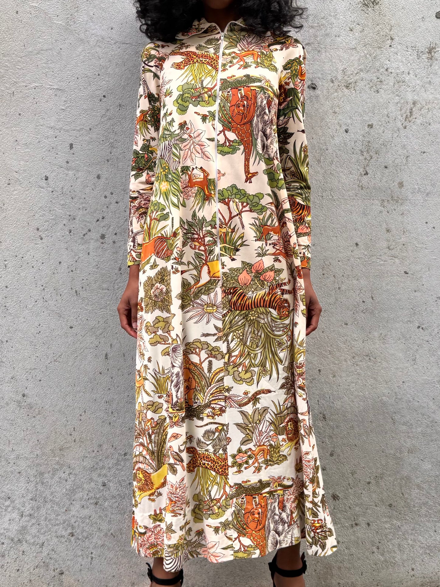 1970s Safari Print Zipup Loungewear Dress