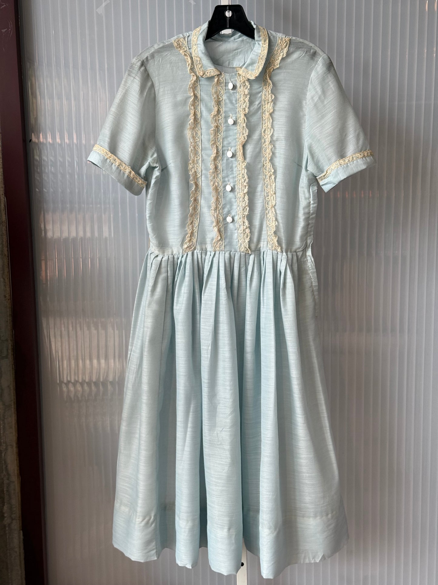 1950s Light Blue Sheer Shirtwaist Dress w/ Cream Lace Accent