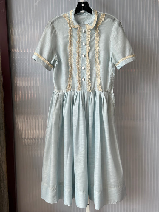 1950s Light Blue Sheer Shirtwaist Dress w/ Cream Lace Accent