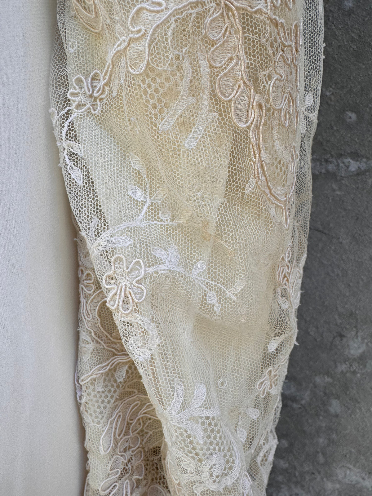 1960s Cream Empire Waist Lace & Organza Wedding Dress