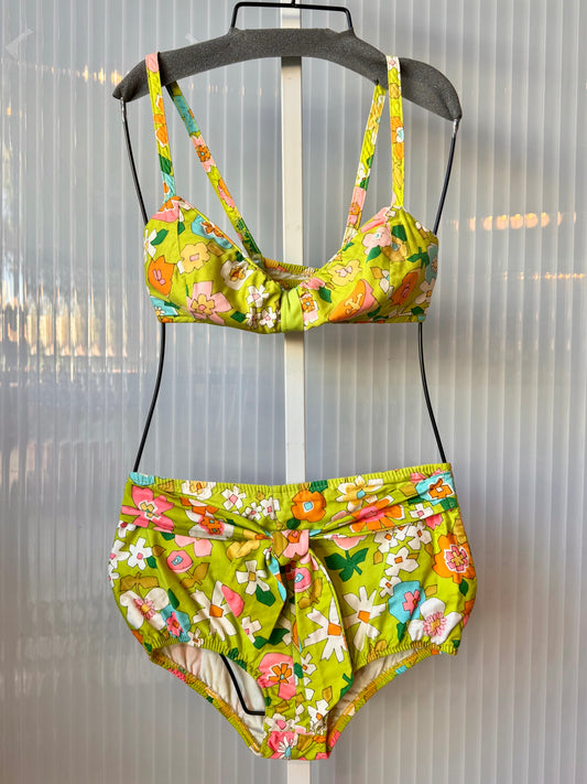 1960s Green Bikini Set w/ Mod Geometric Floral Print