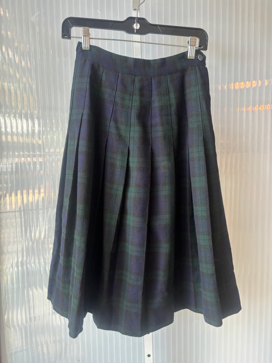 1970s Blue & Green Plaid Wool Tweed Box Pleated Skirt