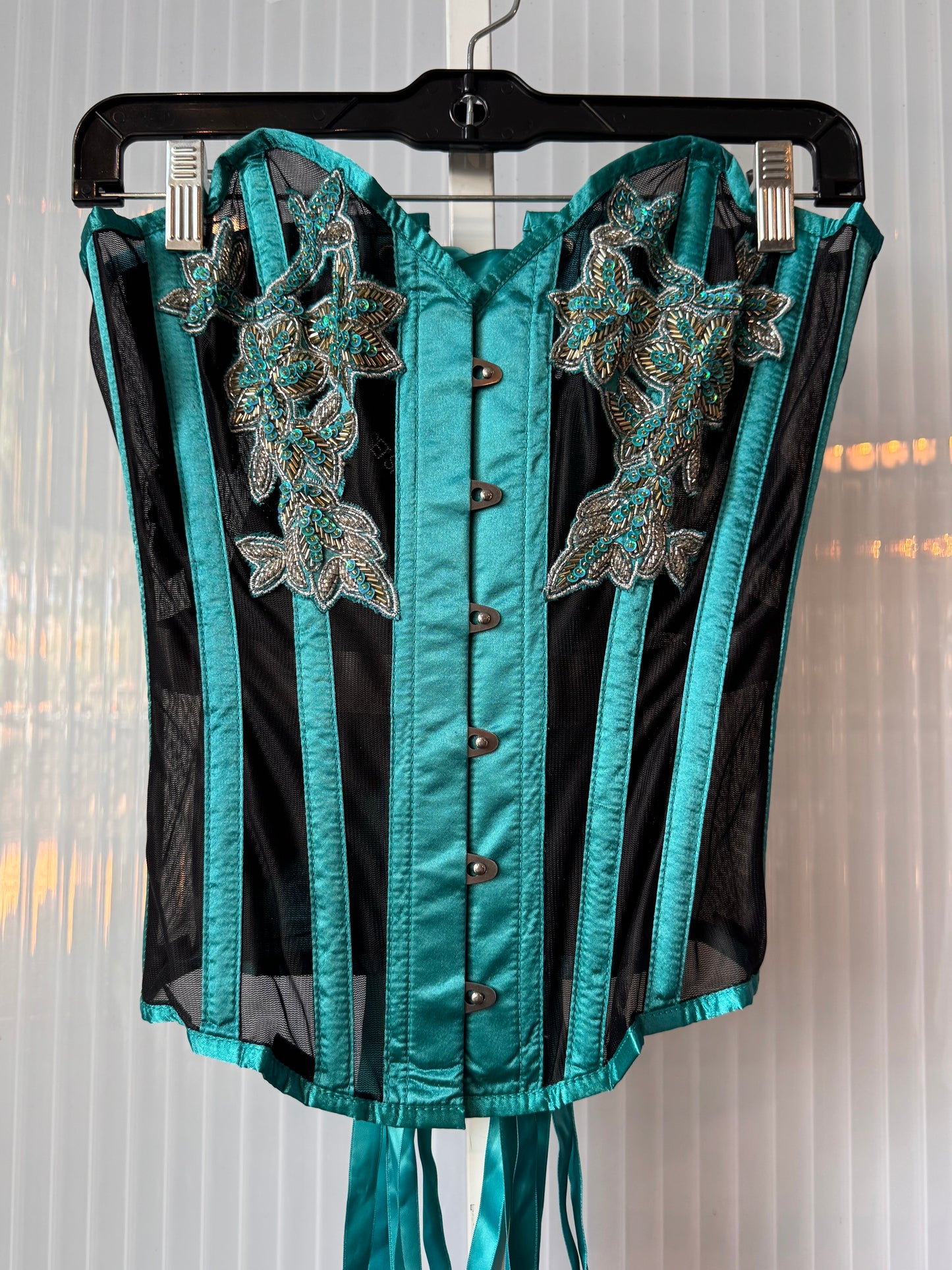 Corset Story Beaded Teal & Black Mesh & Satin Overbust Corset