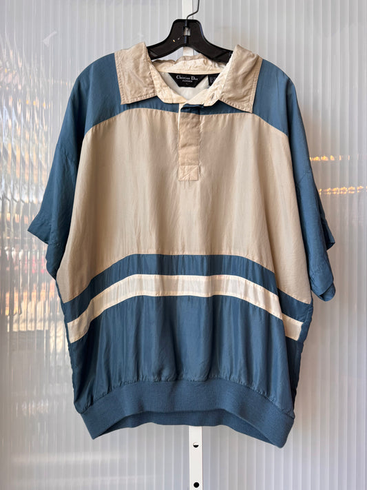 1980s Dior 100% Silk Blue & Gray Striped Collared Shirt