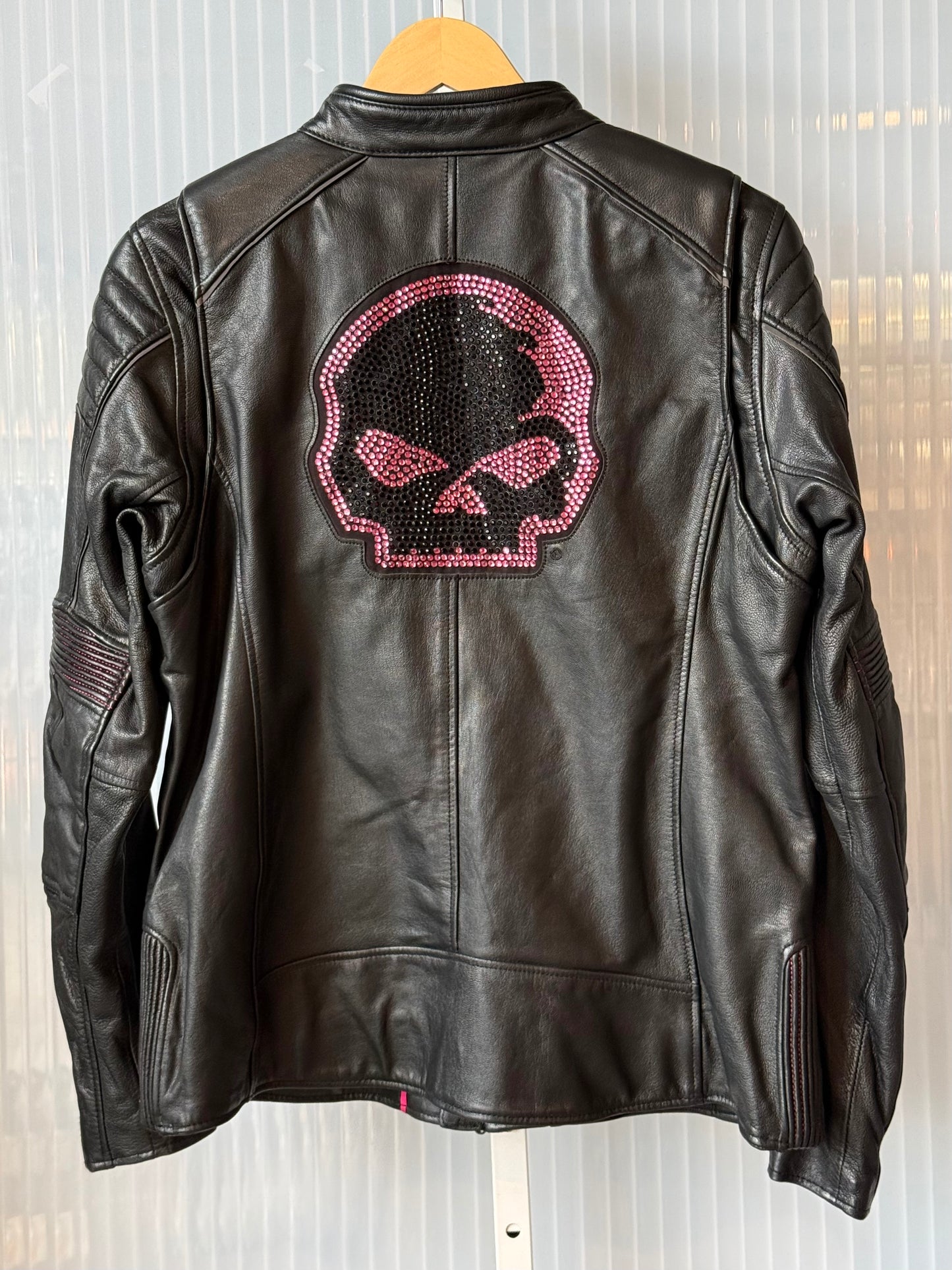 Leather Harley Davidson Moto Jacket w/ Pink Rhinestone Skull