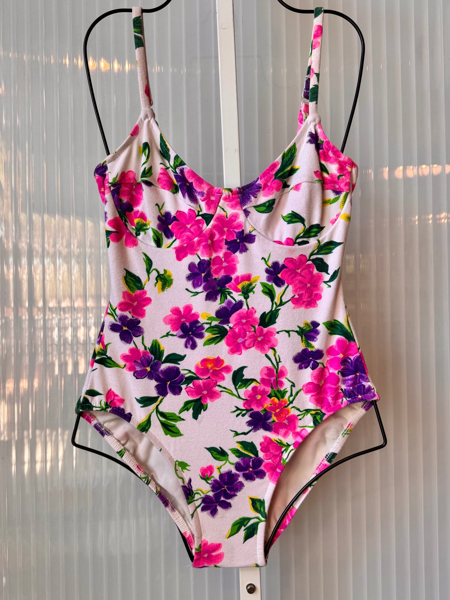 1990s Pink Floral Print White One Piece Swimsuit
