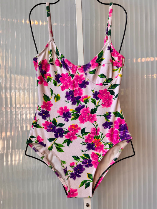1990s Pink Floral Print White One Piece Swimsuit