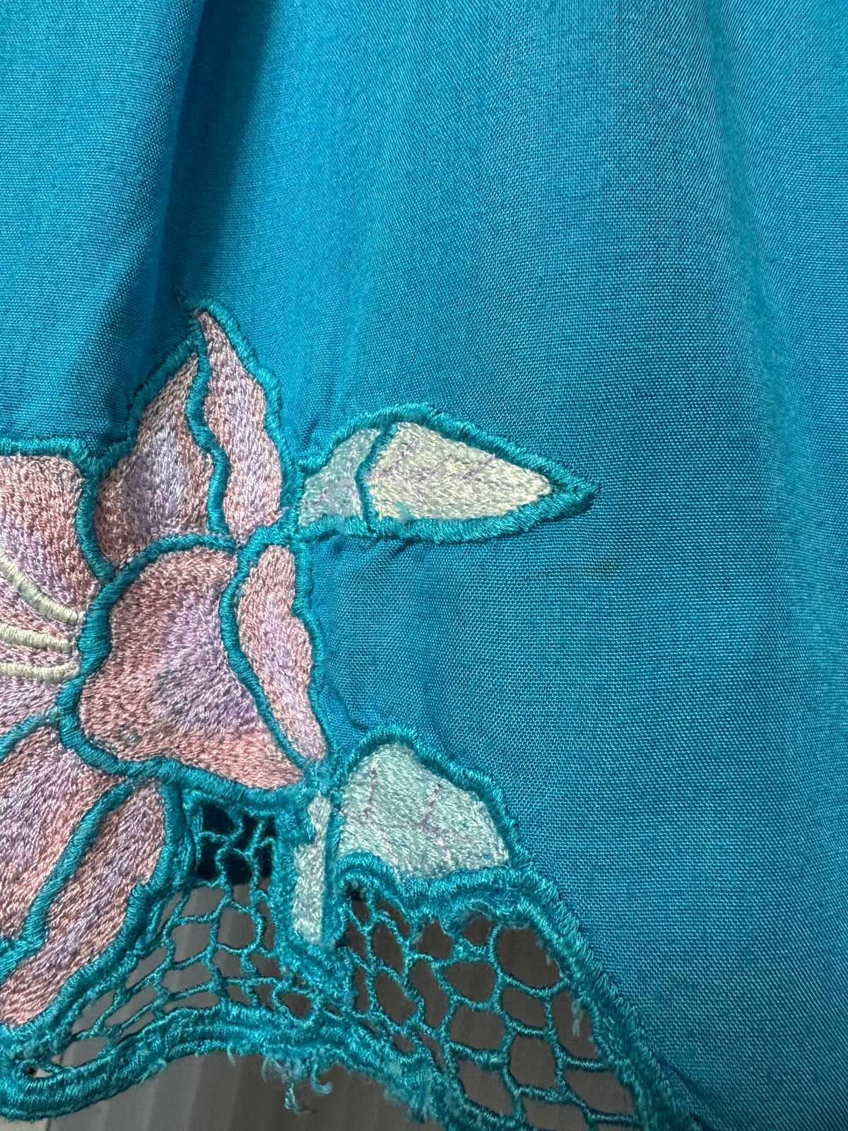 1970s Blue & Pink Floral Embroidered Dress