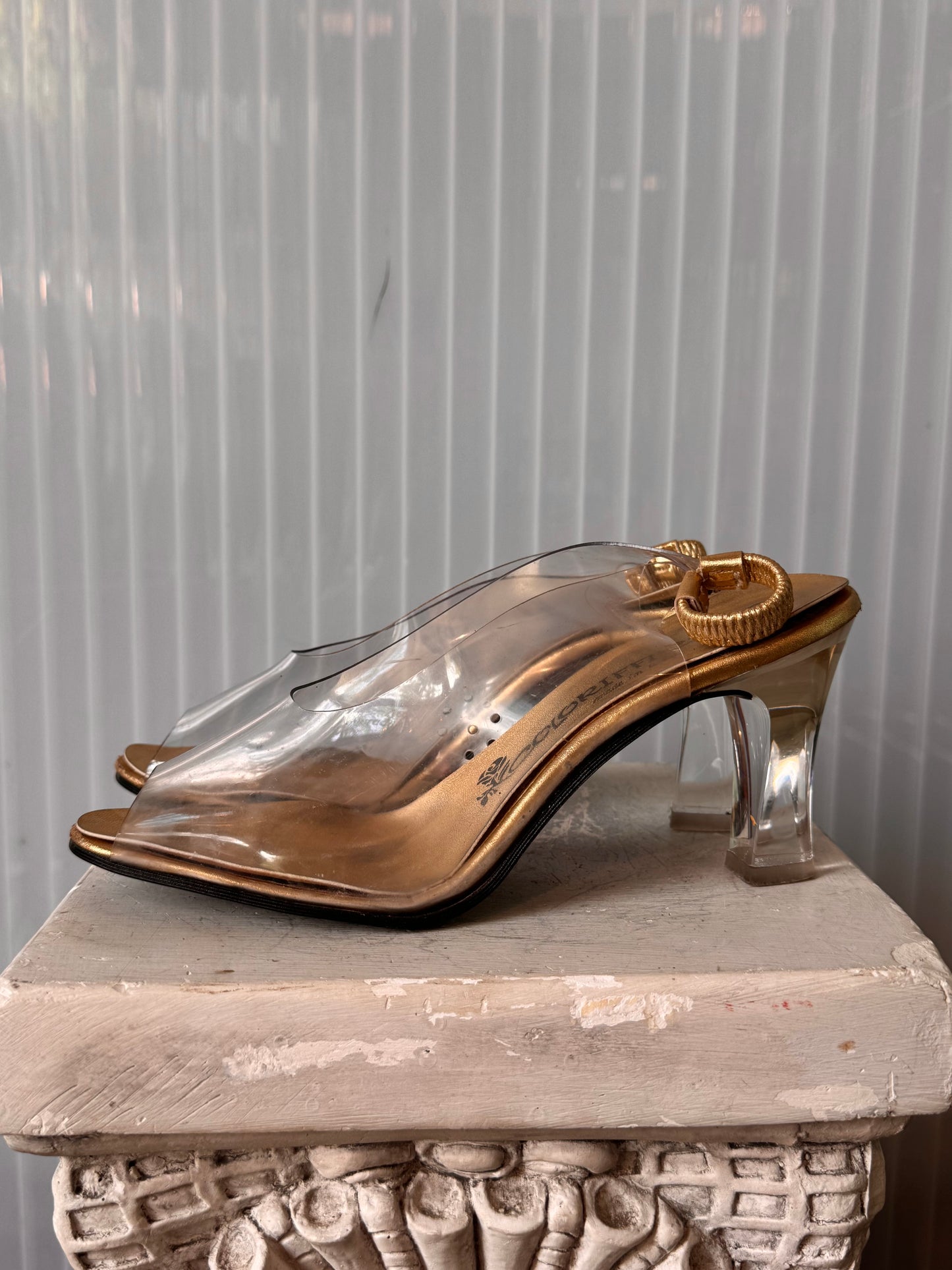 1970s Gold & Clear PVC Peep-toe Slingback Heels