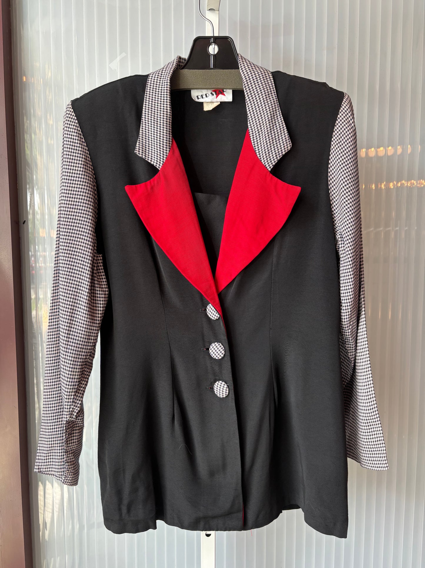 1980s Black & White Gingham Blazer & Red Skirt Set