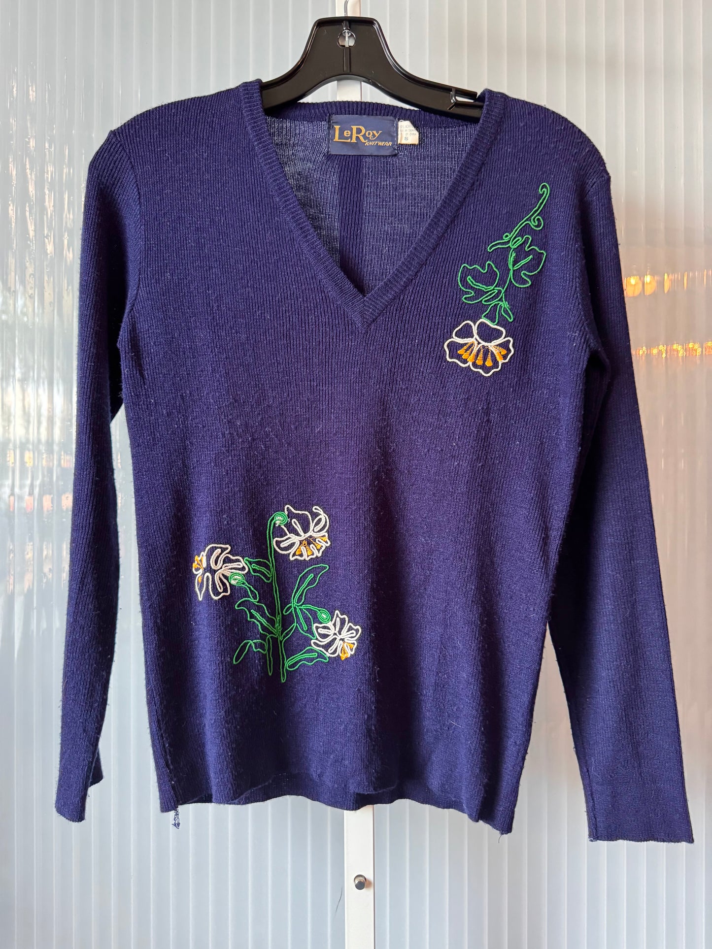1950s Floral Embroidered Navy Blue Sweater