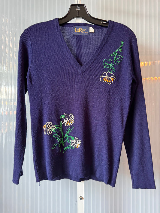 1950s Floral Embroidered Navy Blue Sweater