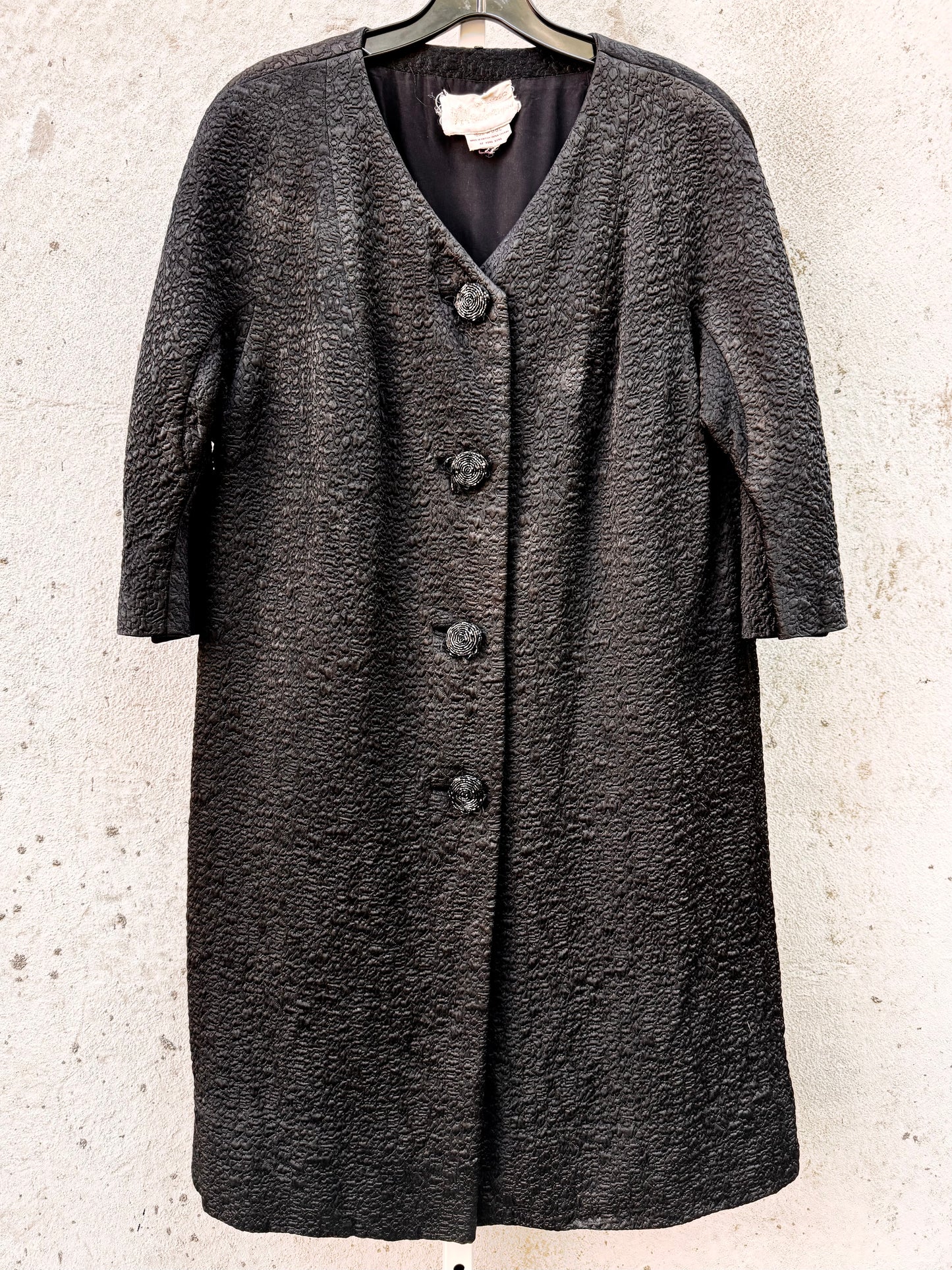 1950s Black Wool Coat with Beaded Buttons