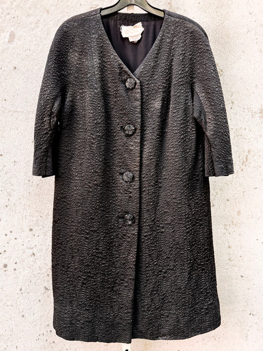1950s Black Wool Coat with Beaded Buttons