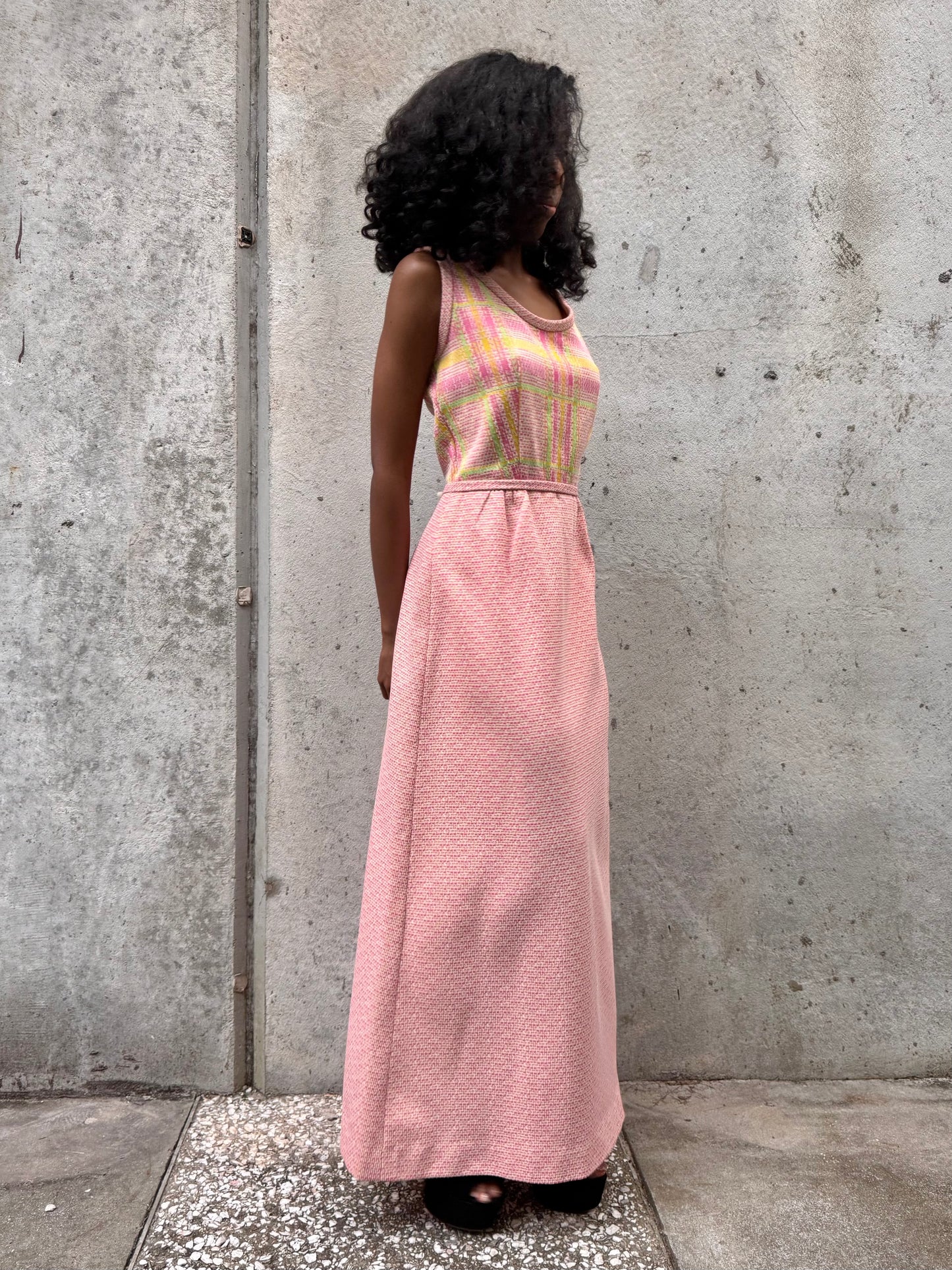 1970s Pink & Green Geometric Pattern Dress