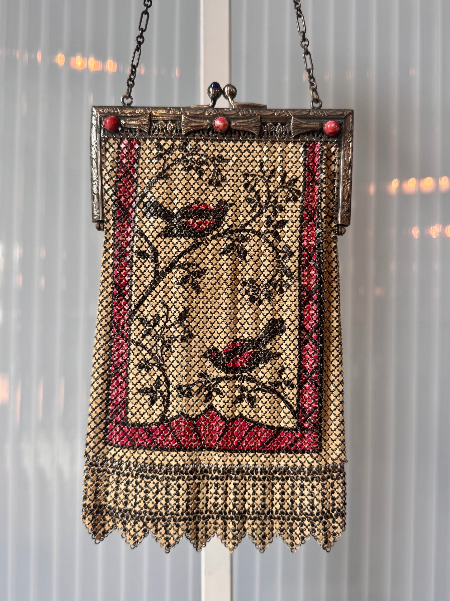 1930s Cream & Magenta Bird Metal Mesh "Elsah" Purse