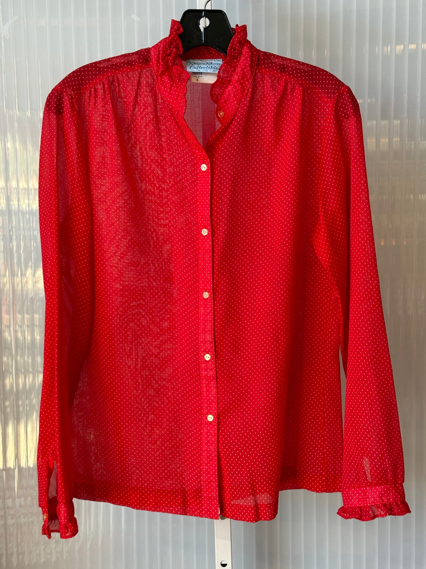 1970s Red Button-Up Frilly Blouse w/ White Polka Dots