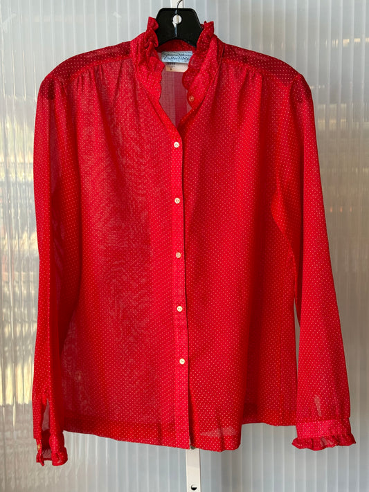 1970s Red Button-Up Frilly Blouse w/ White Polka Dots