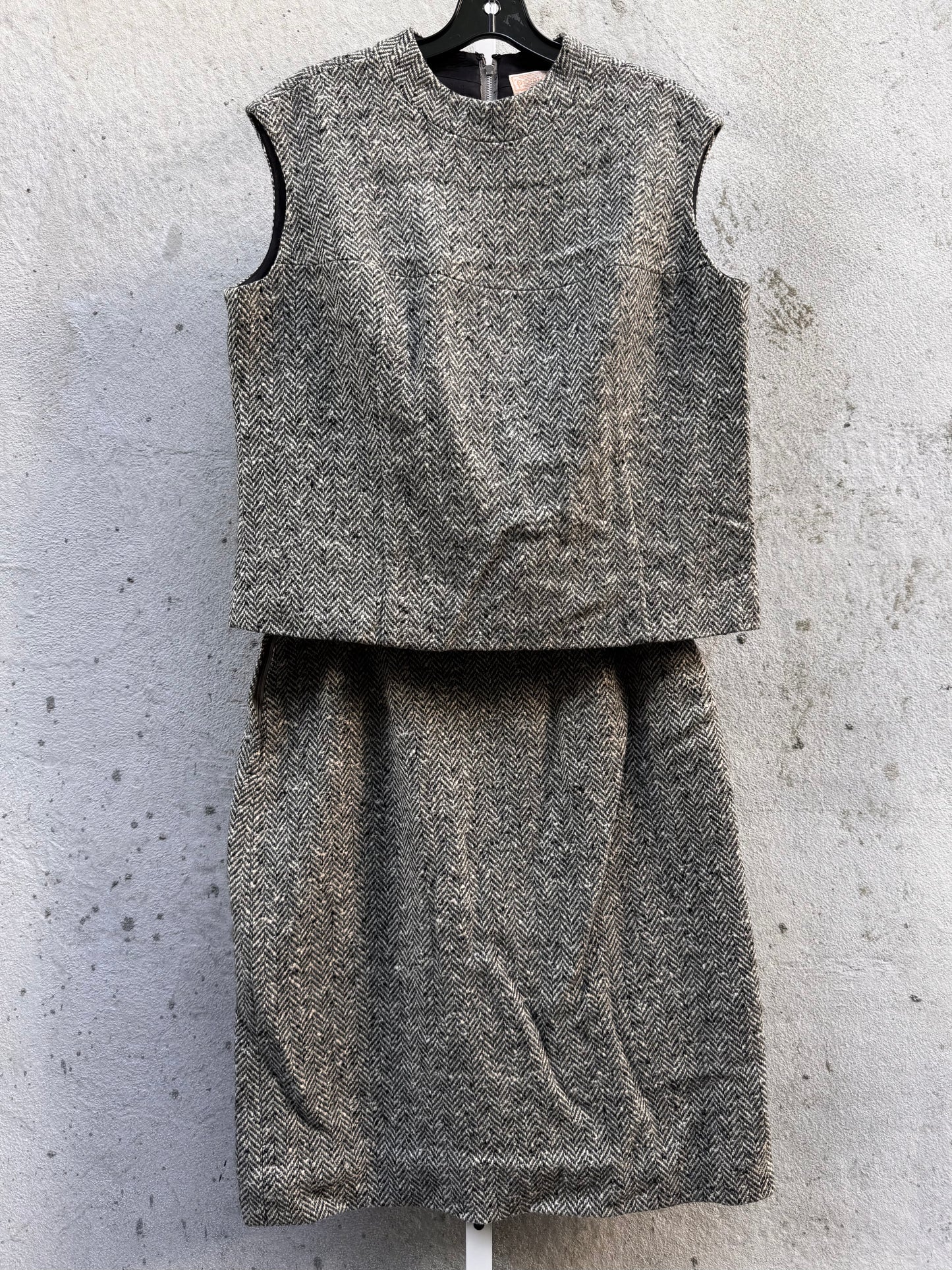 1960s Gray Herringbone Tweed Top & Skirt Set