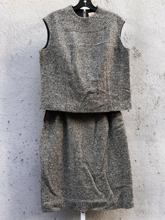 1960s Gray Herringbone Tweed Top & Skirt Set