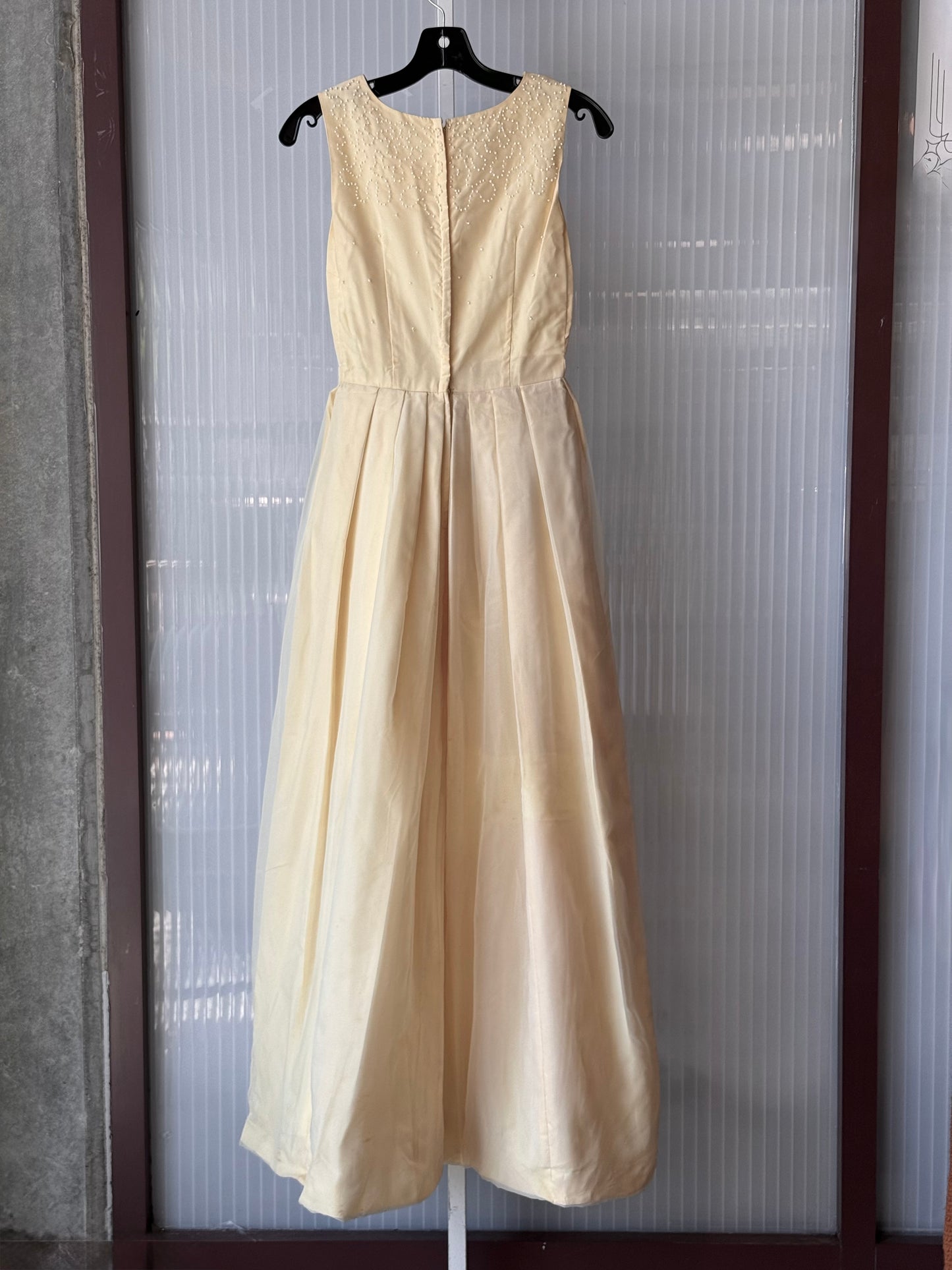 1970s Lemon Yellow Sheer Layered Gown w/ White Beading