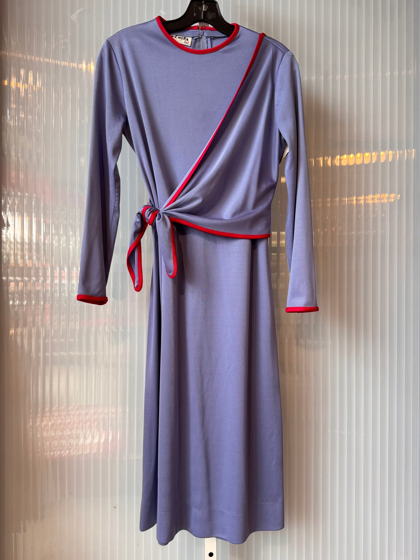 1980s Victor Costa Blue Wrap-Panel Dress w/ Red Trim