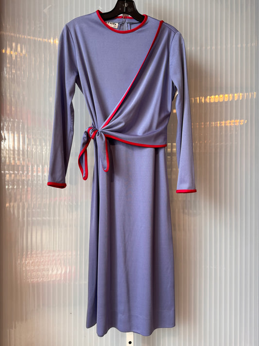 1980s Victor Costa Blue Wrap-Panel Dress w/ Red Trim
