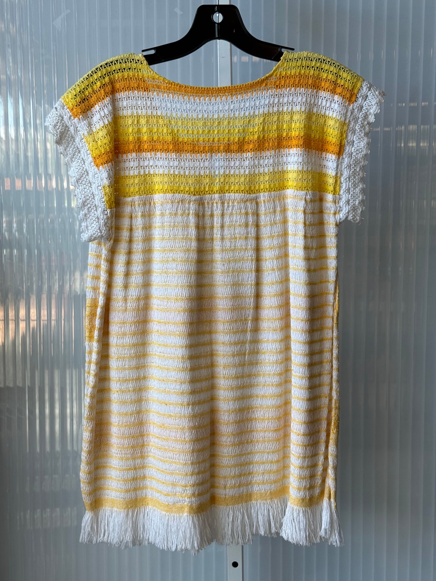 1970s White & Yellow Striped Jacquard Woven & Crochet Blouse
