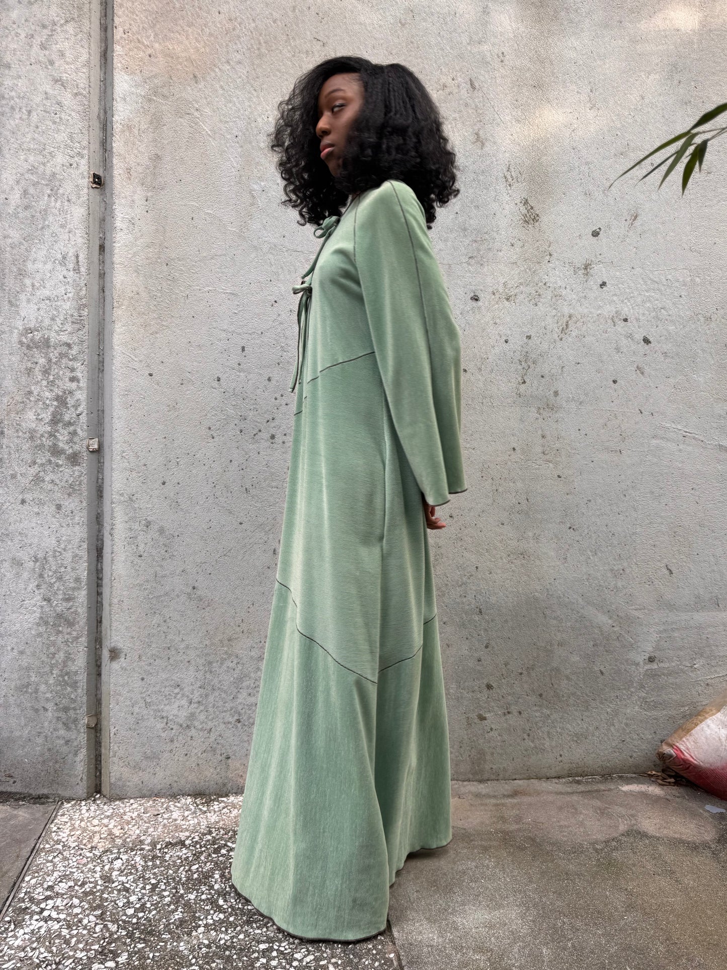1970s Sage Green Dress with Brown Stitching