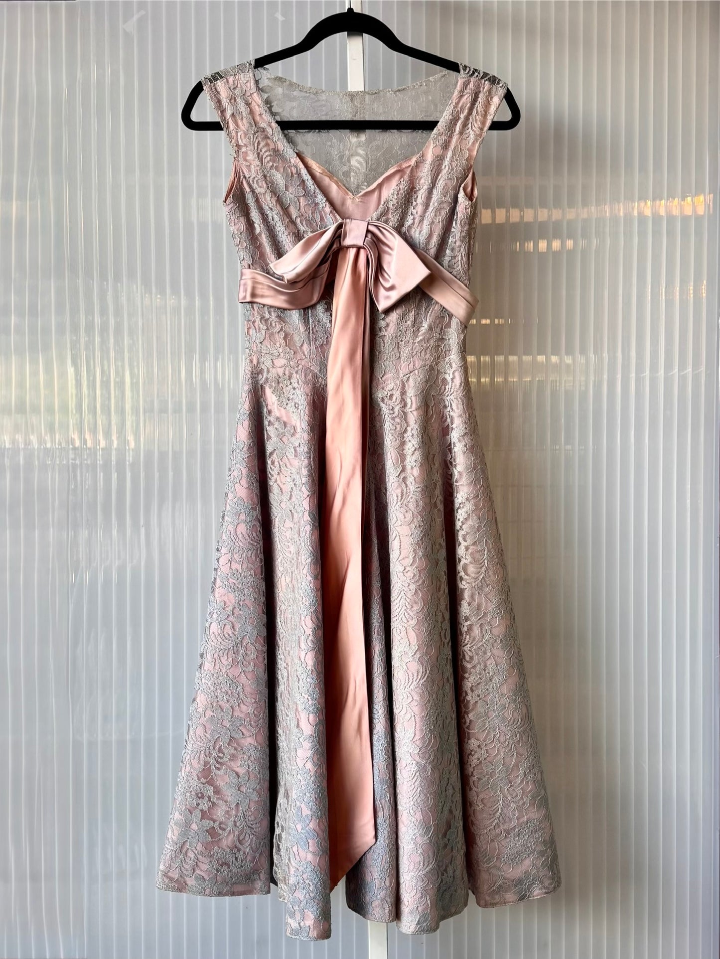 1960s Blue Lace & Lavender Satin Formal Dress