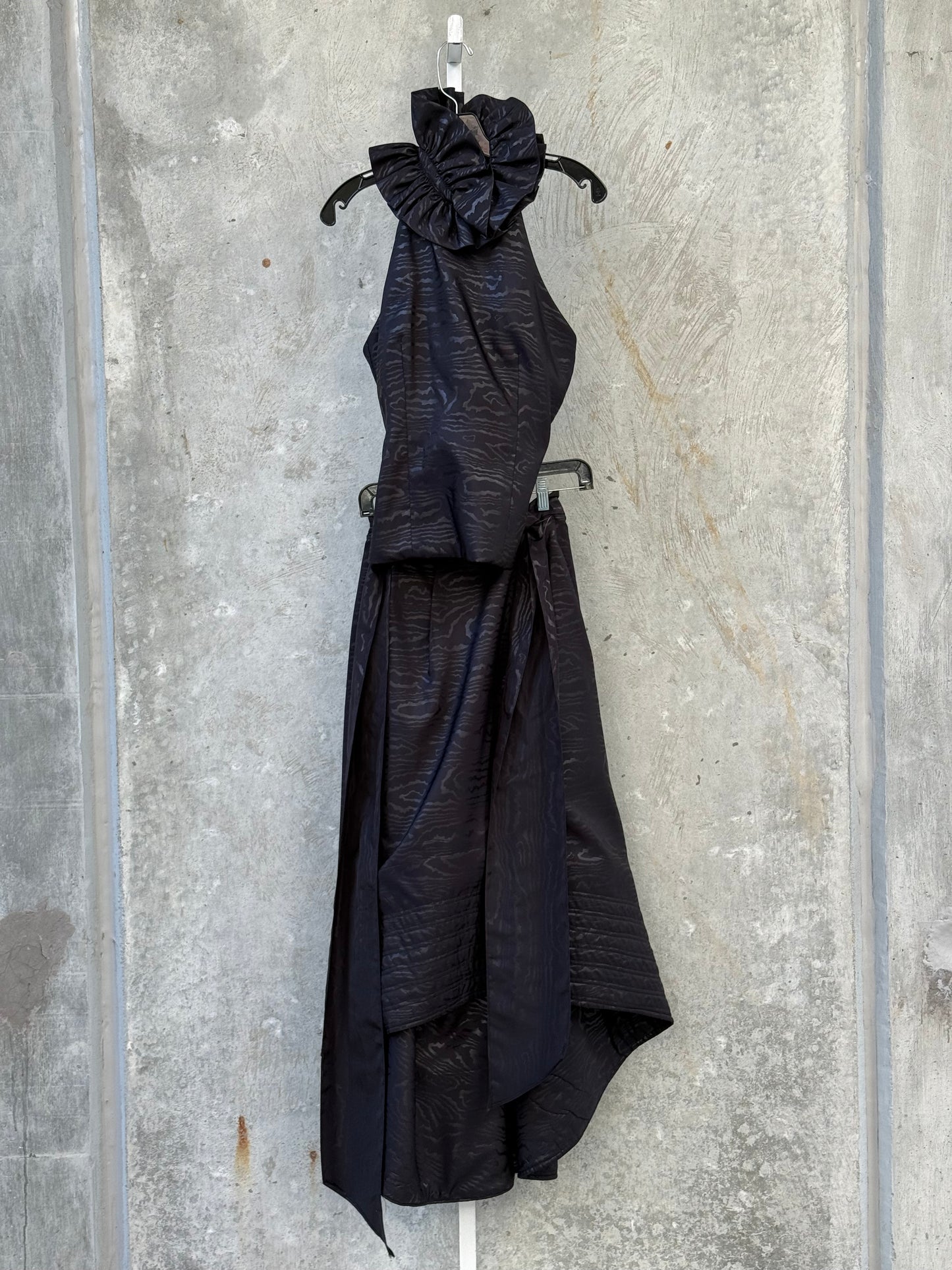 1990s Black Satin Ruffle Collar Top & Skirt Set