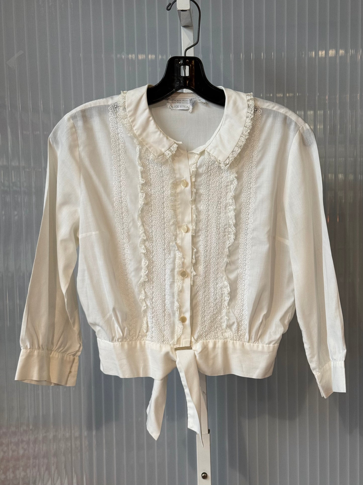 1970s White Tie-Front Button Up Blouse w/ Ruffles