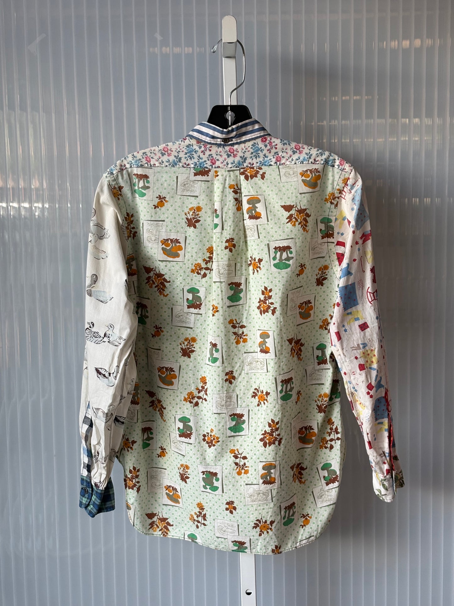1970s? White & Blue Multi-pattern Button-down Shirt