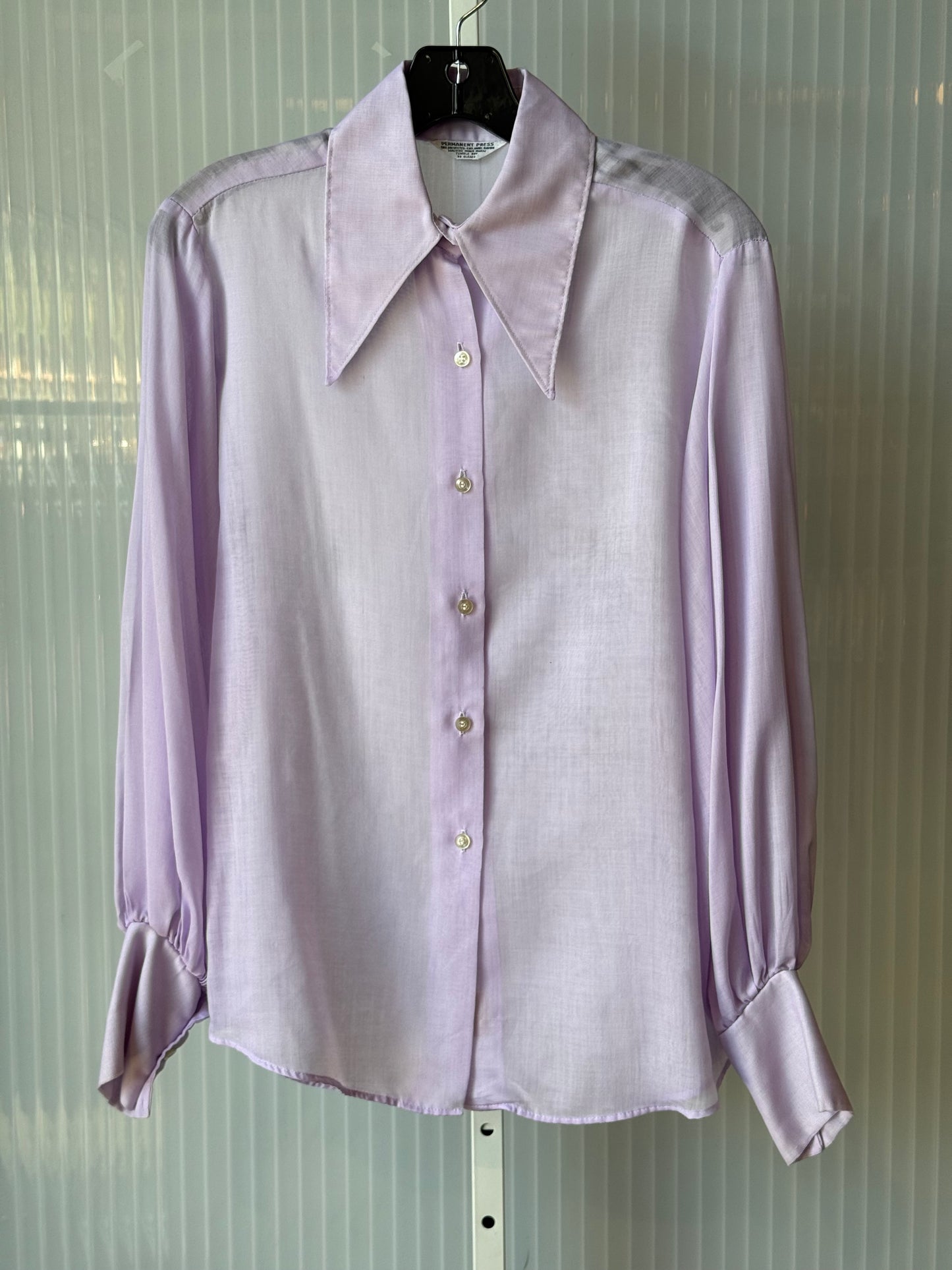 1970s Sheer Lavender Billow-Sleeve Button Up Blouse