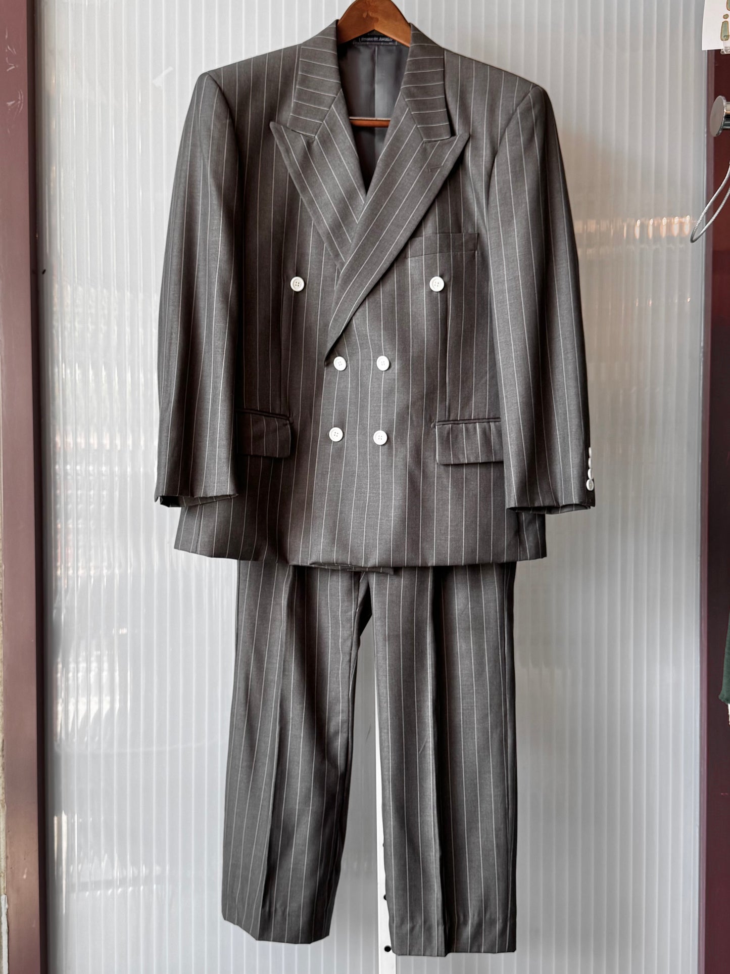 1990s Gray & White Pinstripe Blazer & Pants Suit Set