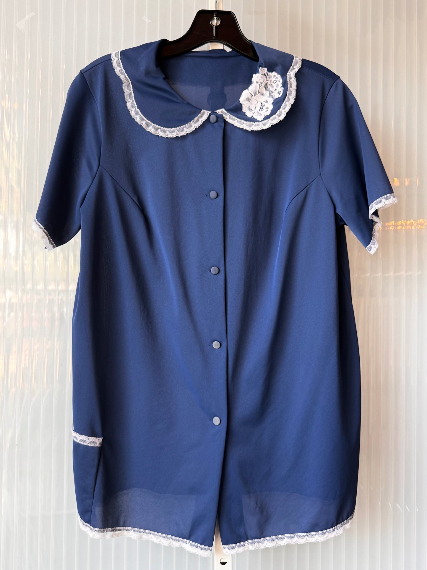 1970s Blue Pajama Set with White Lace Trim