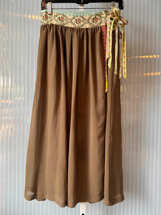 1970s Olive Green Hippie Skirt with Floral Ribbon