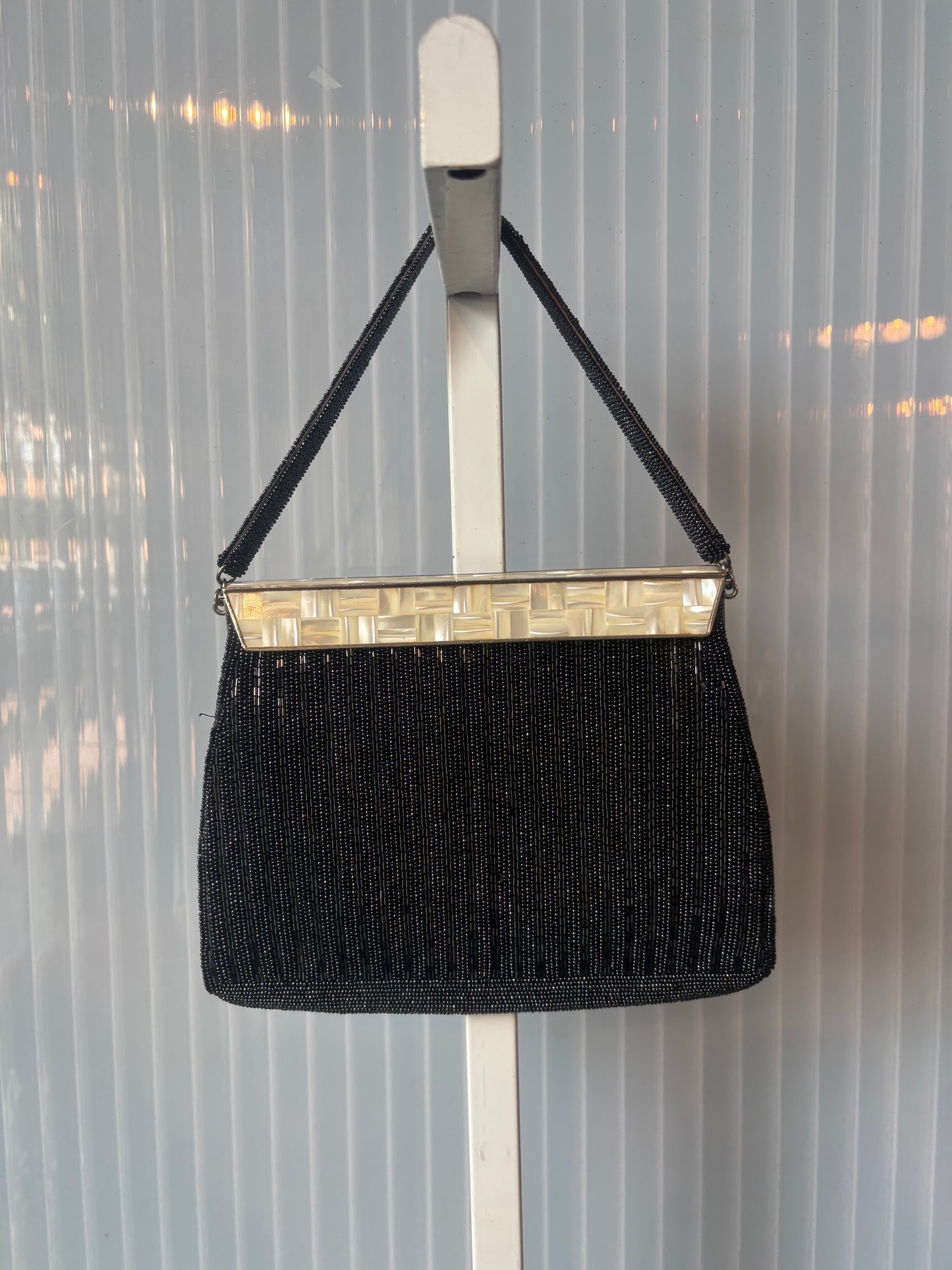1960s Mother of Pearl Black Beaded Evening Bag