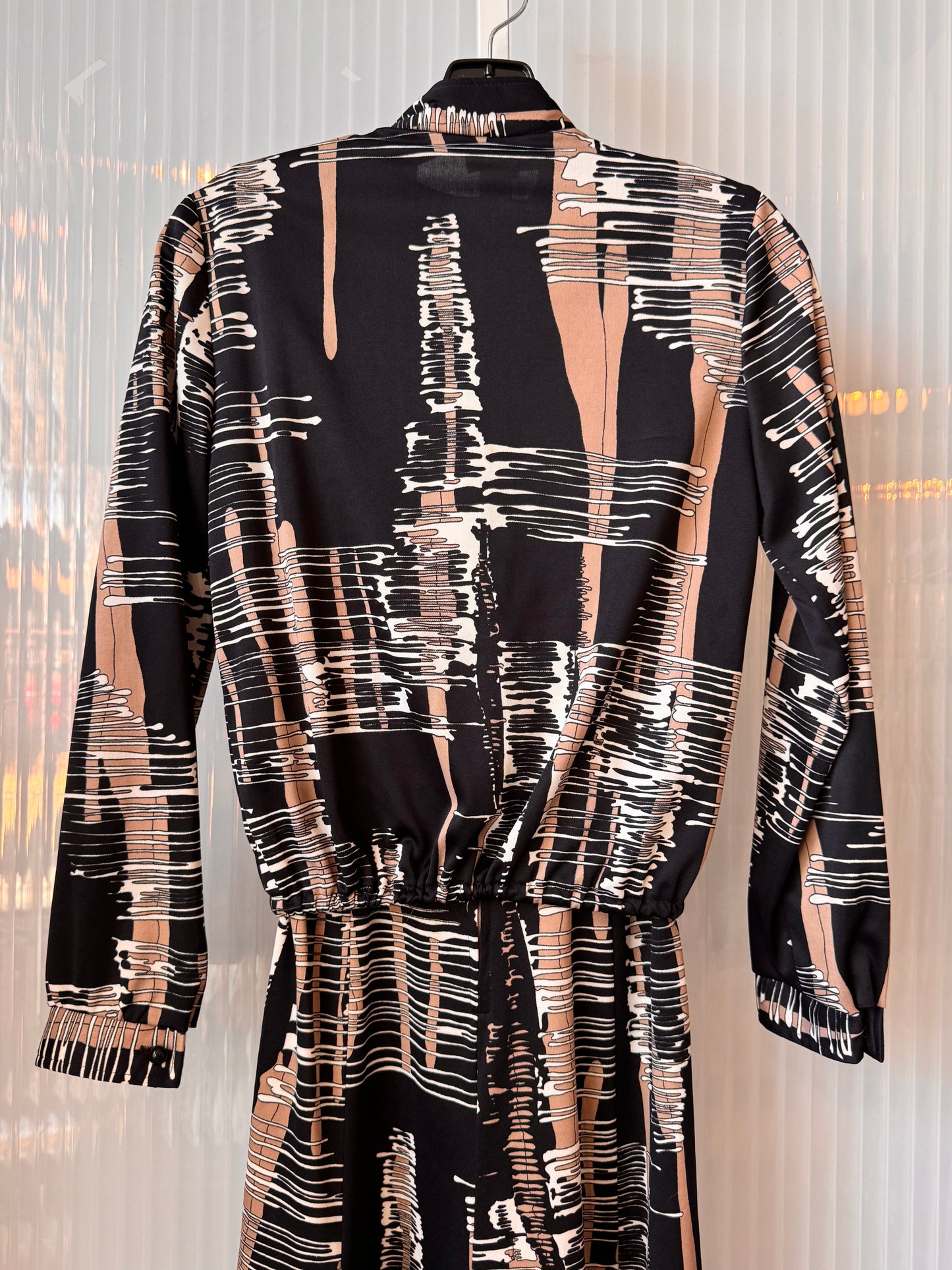 1970s Tan & Black Dress & Jacket Abstract Striped Set