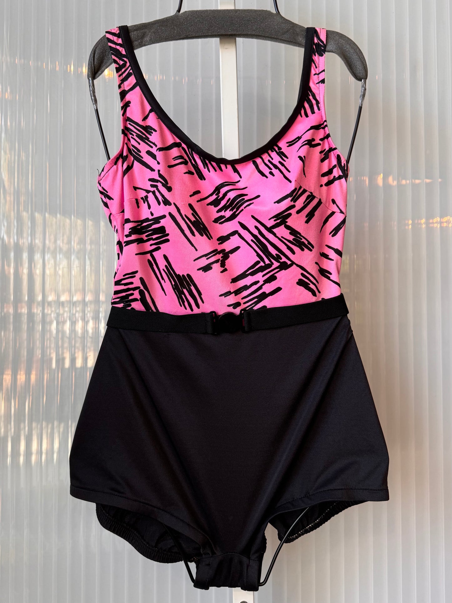 1980s Pink & Black Graphic One Piece Swimsuit