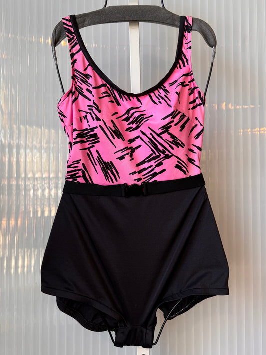 1980s Pink & Black Graphic One Piece Swimsuit