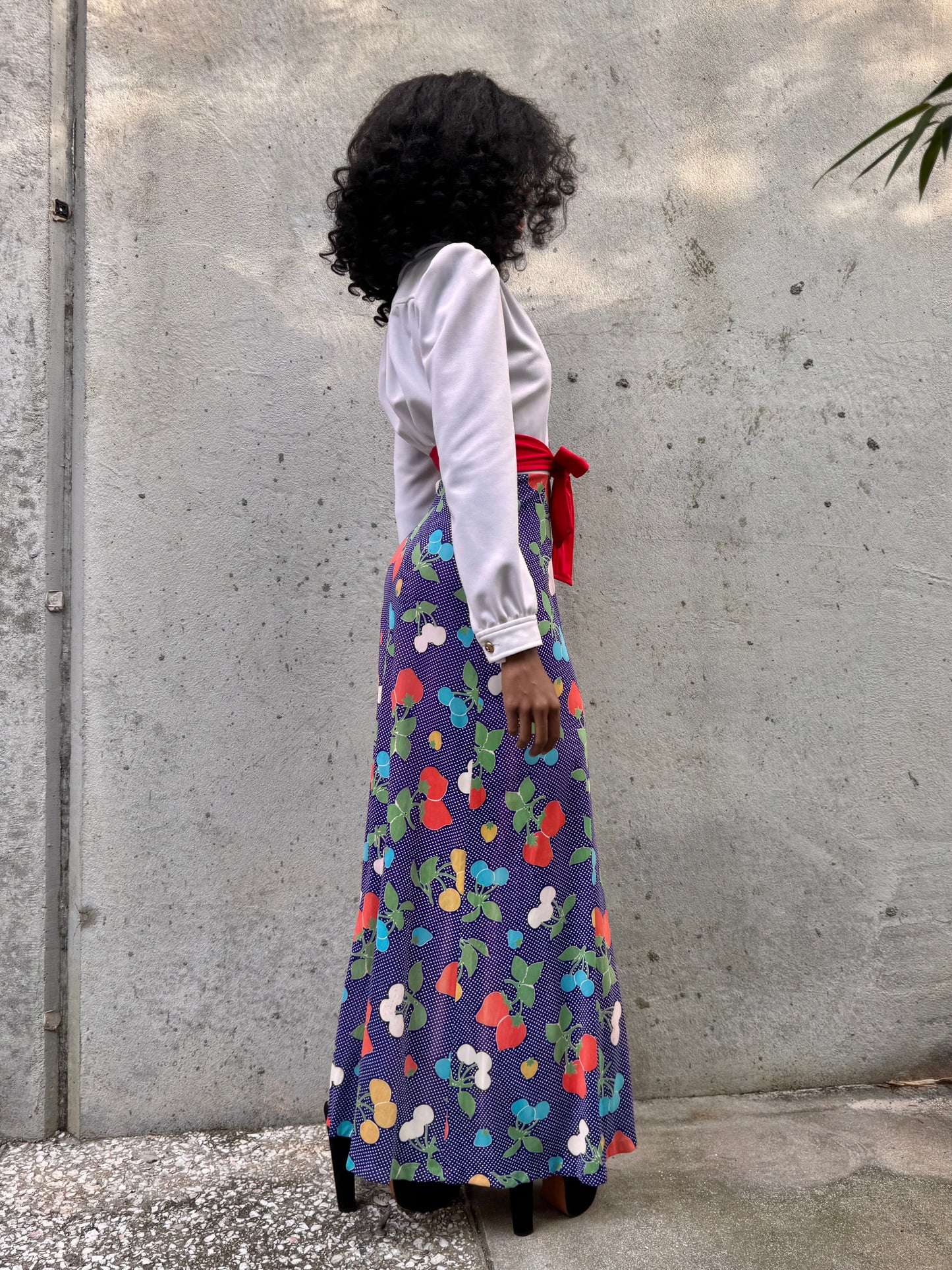 1970s White Purple & Red Maxi Dress