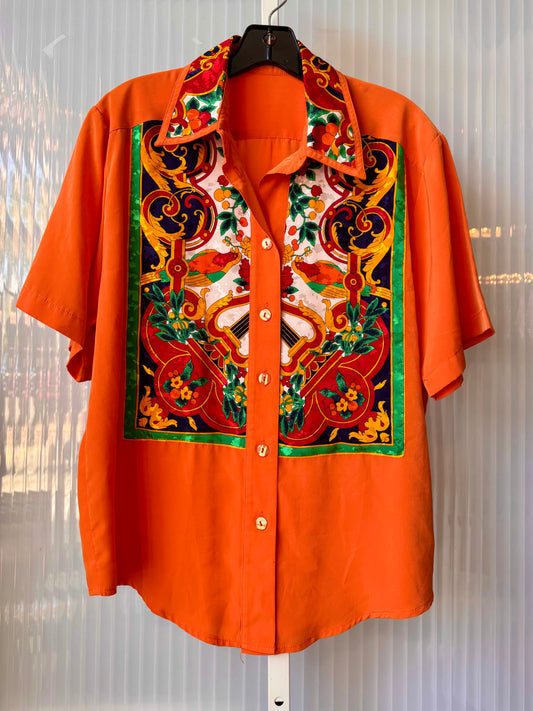 1990s Bright Orange Blouse w/ Ornate Tropical Silk Panels