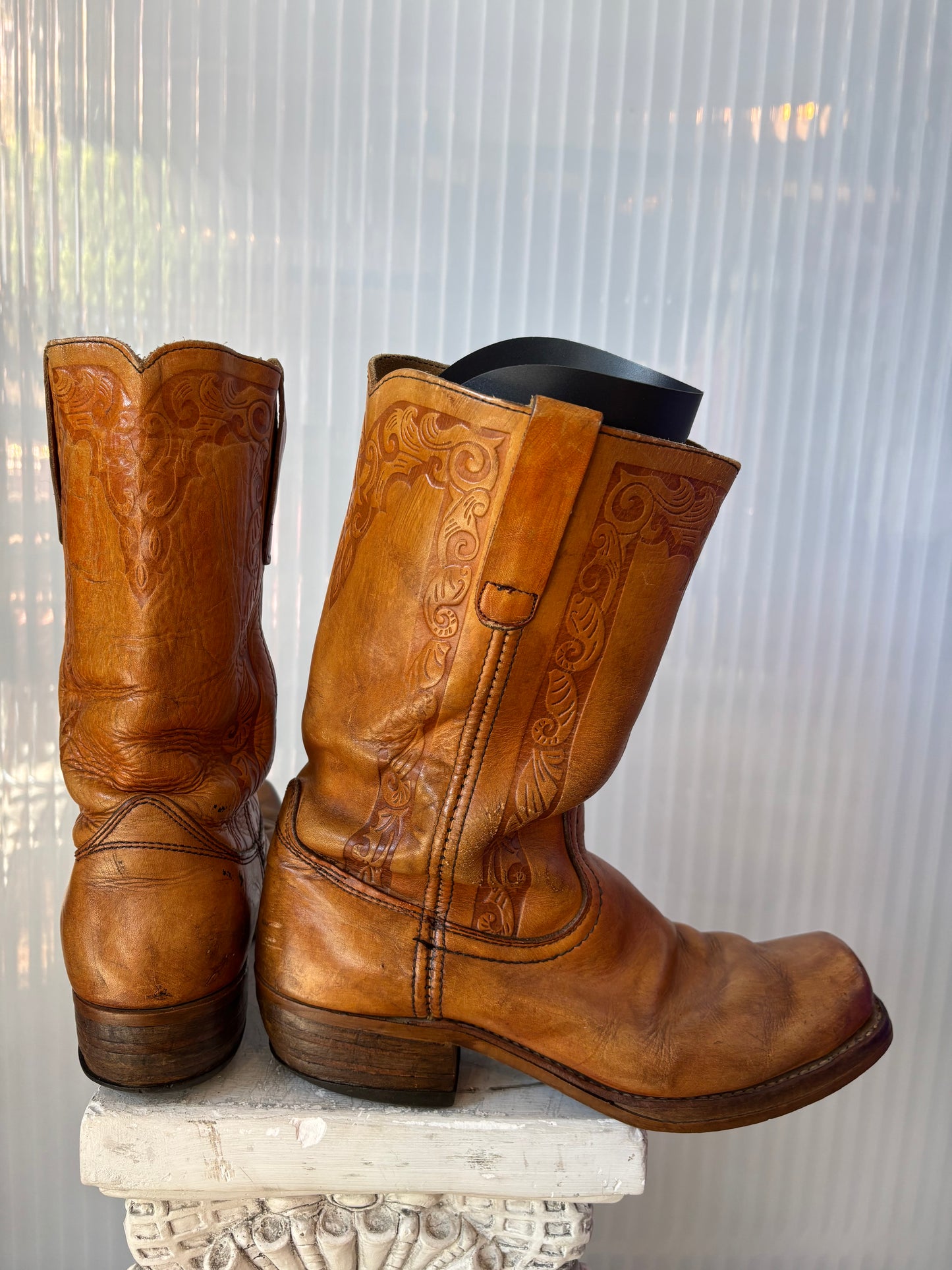 Browned Tooled Leather Square Toe Boots 10