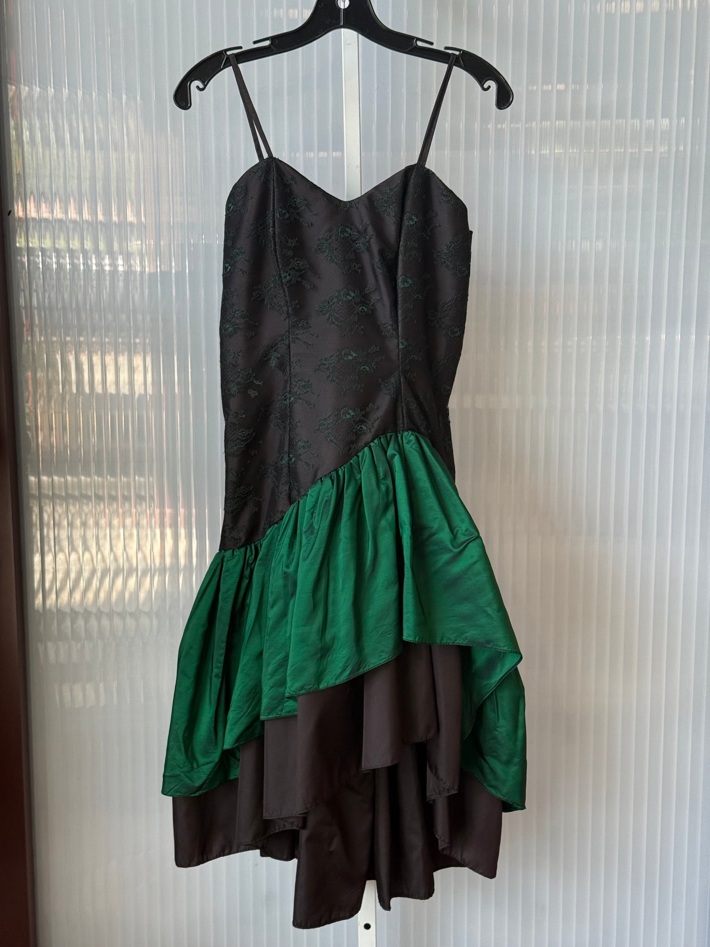 1980s Style Black Prom Dress w/ Emerald Satin Ruffles & Lace