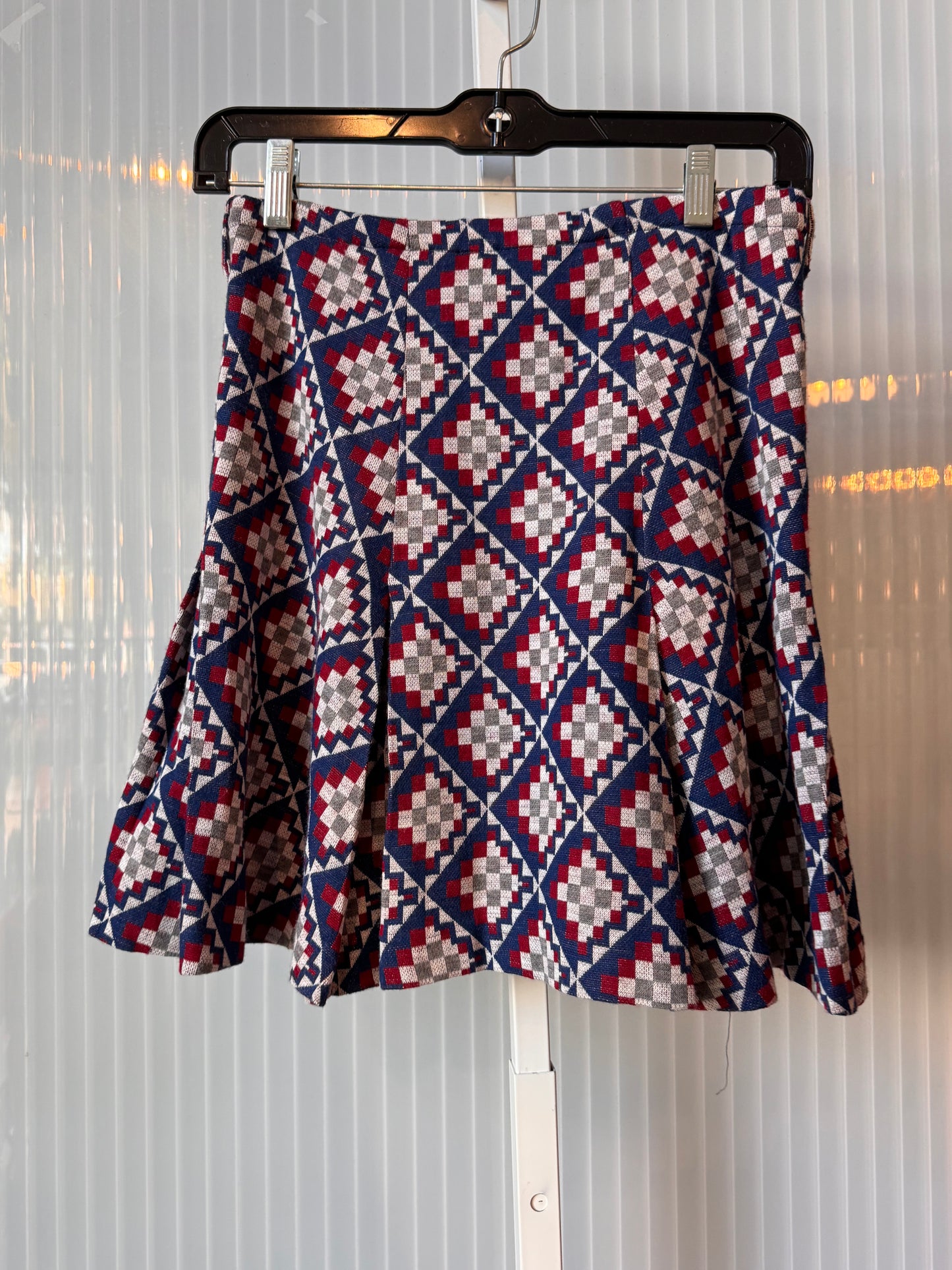 1970s Red, White, & Blue Geometric Pattern Pleated Skirt