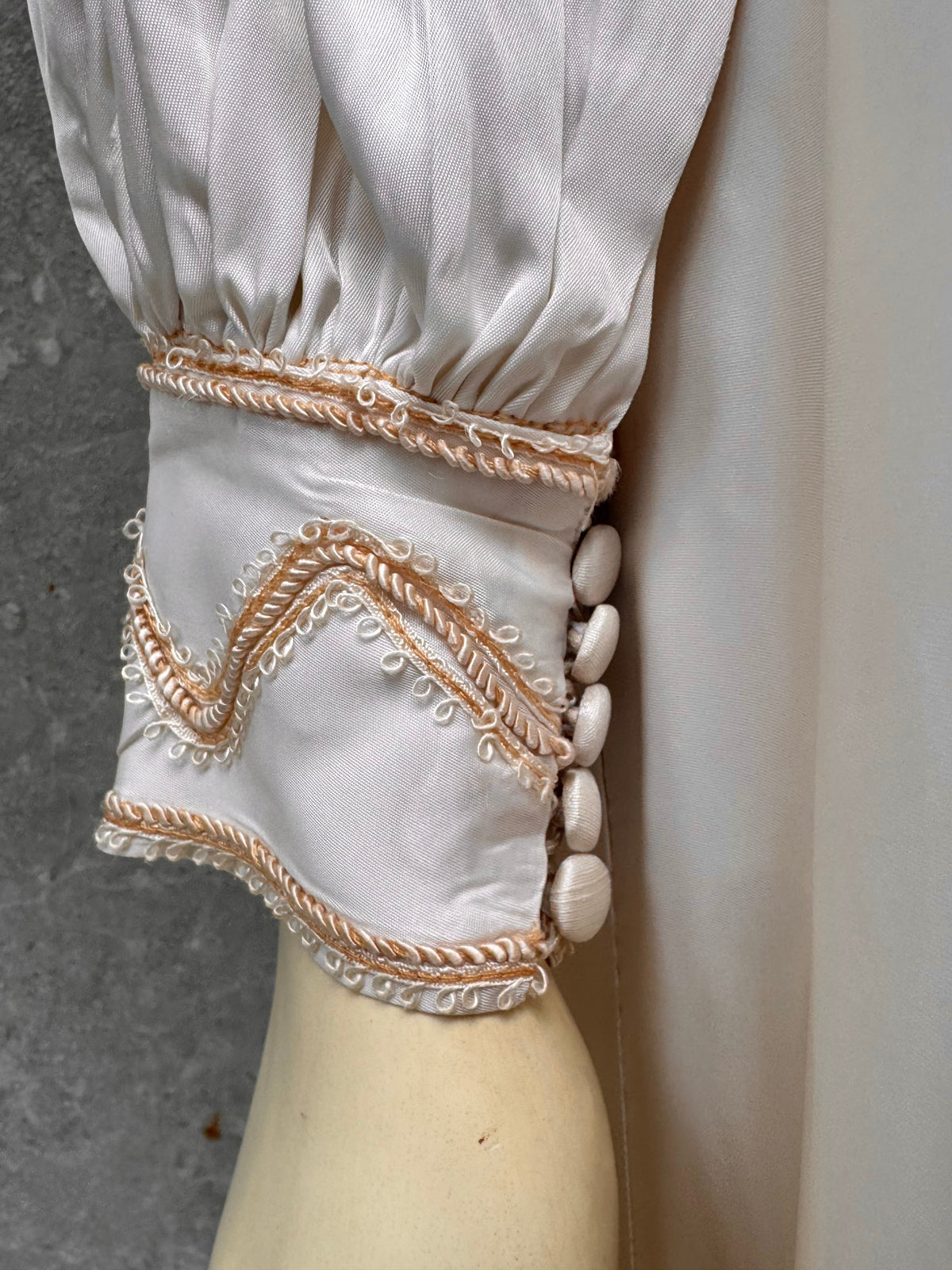 1970s Cream Wedding Dress with Tan Embroidery