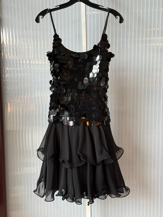 1970s Black Paillette & Frills Disco Mod Dress